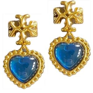 Tory Burch ROXANNE gold logo blue heart drop earrings 💙🩵